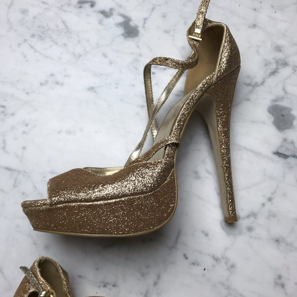 CeCe Gold Glitter Metallic Open Toe Stiletto Heels - Picture 8 of 11